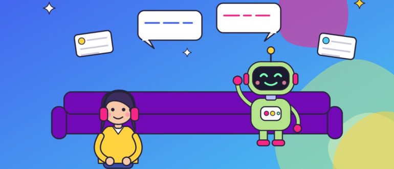 Девушка в наушниках на диване разговаривает с роботом-собеседником, между ними облачка реплик и карточки со словами